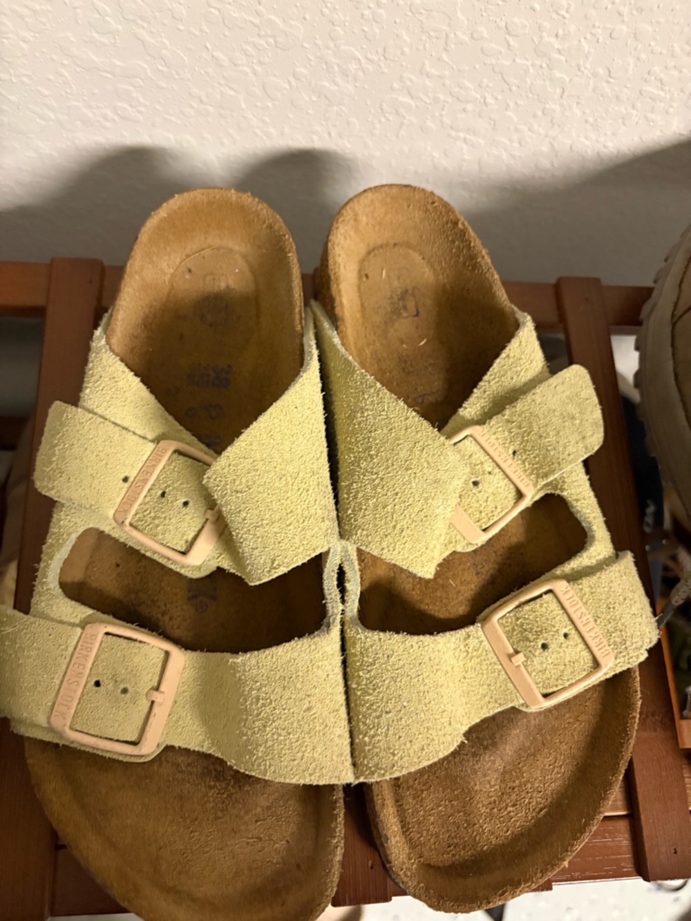 Birkenstock Suede Two-Strap Sandals in Light Green with Tan Footbed